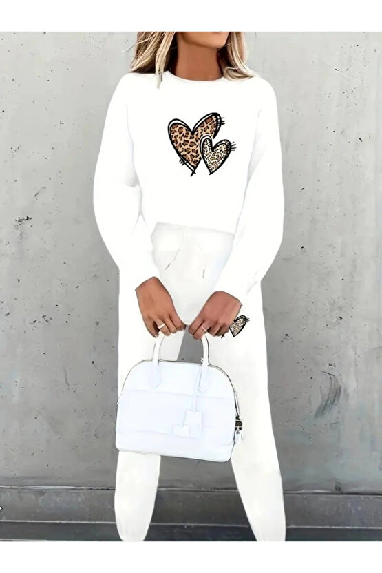 Kadın Uzun Kollu Bisiklet Yaka Kalp Desenli şardonlu üç Iplik Bluz Ve Pantolon Ikili Takım