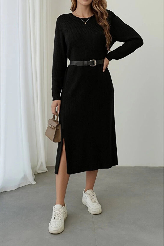 MDB Kadın Uzun Kollu Bisiklet Yaka Yandan Yırtmaçlı Midi Triko Elbise