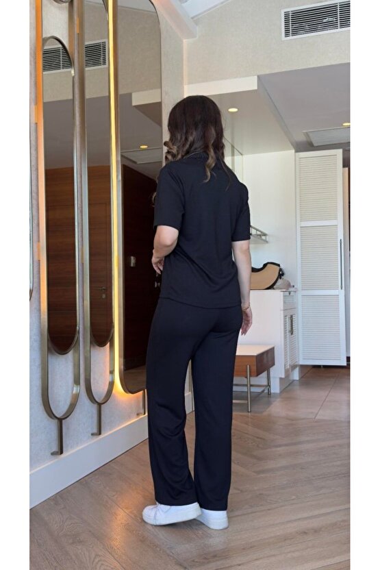 Kadın Kısa Kollu Yakalı Viskon Iki Iplik Bluz Ve Pantolon Ikili Takım