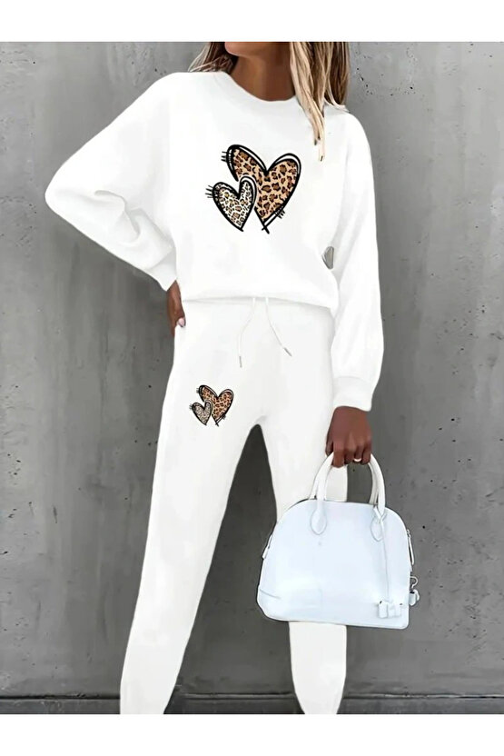 Kadın Uzun Kollu Bisiklet Yaka Kalp Desenli şardonlu üç Iplik Bluz Ve Pantolon Ikili Takım