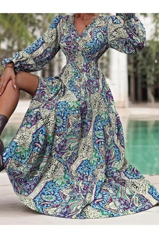 Kadın Uzun Kollu Kruvaze Yakalı Desenli Süprem Maxi Elbise