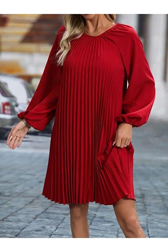 Kadın Uzun Kollu Yuvarlak Yaka Pileli Salaş Mini Ithal Krep Elbise