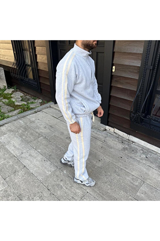 Erkek Çift Şeritli Eşofman Takım Dik Yaka Fermuarlı Sweatshirt Boru Paça Alt, Oversize 3 Iplik Pamuk