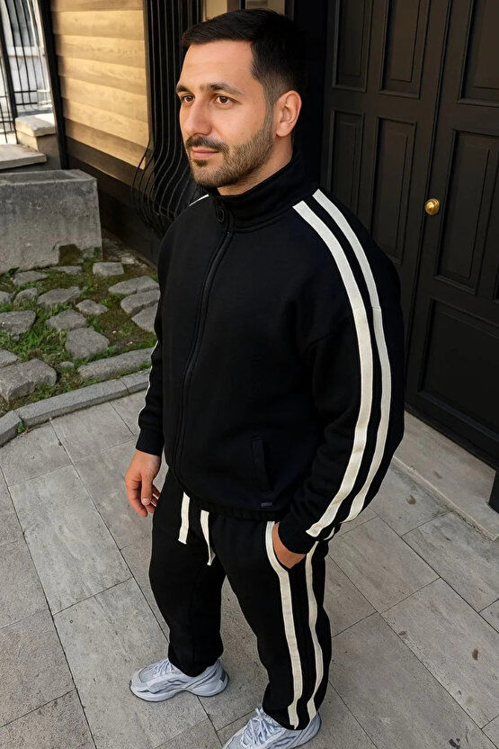 Erkek Çift Şeritli Eşofman Takım Dik Yaka Fermuarlı Sweatshirt Boru Paça Alt, Oversize 3 iplik Pamuk