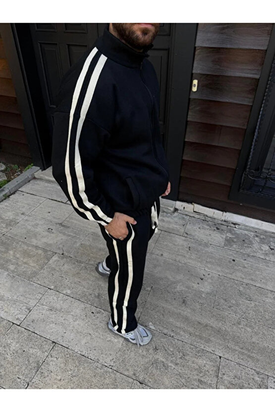 Erkek Çift Şeritli Eşofman Takım Dik Yaka Fermuarlı Sweatshirt Boru Paça Alt, Oversize 3 iplik Pamuk