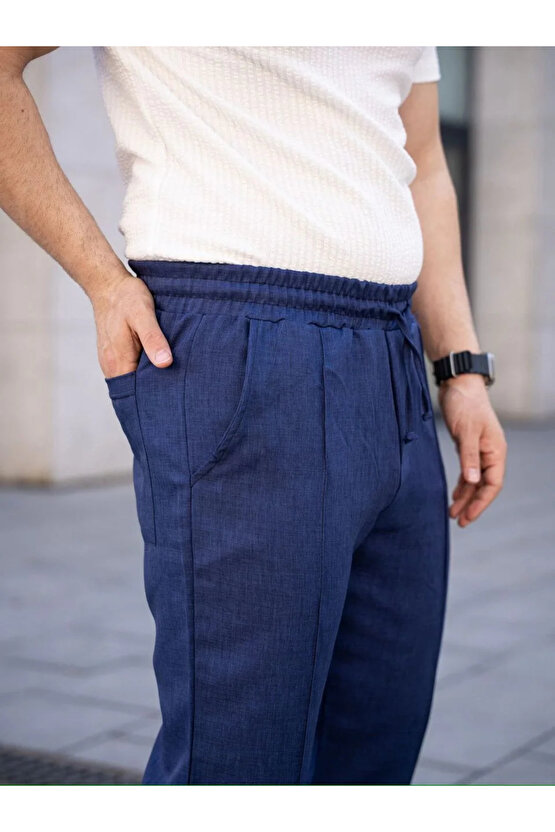 Erkek Keten Cepli Çıma Dikişli jogger Buggy Pantalon Rahat kalıp - Lacivert