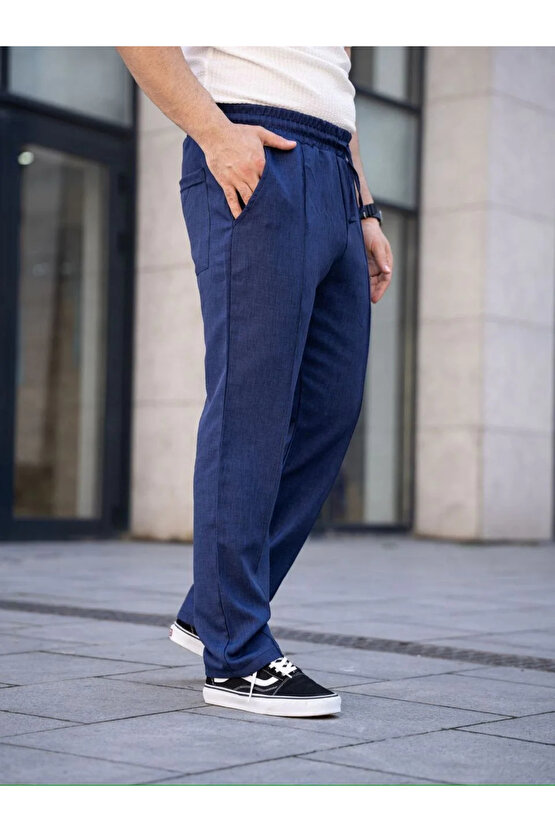 Erkek Keten Cepli Çıma Dikişli jogger Buggy Pantalon Rahat kalıp - Lacivert