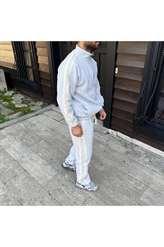 Erkek Çift Şeritli Eşofman Takım Dik Yaka Fermuarlı Sweatshirt Boru Paça Alt, Oversize 3 iplik Pamuk