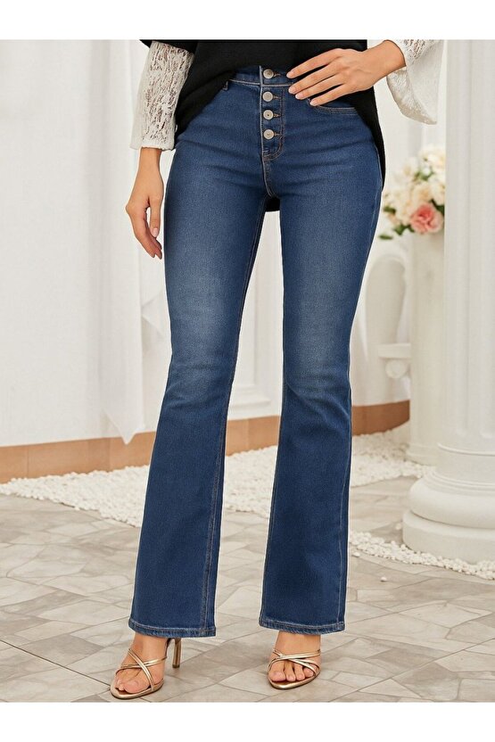 Kadın Yüksek Bel önden Düğmeli Cep Detay Ispanyol Paça Denim Pantolon