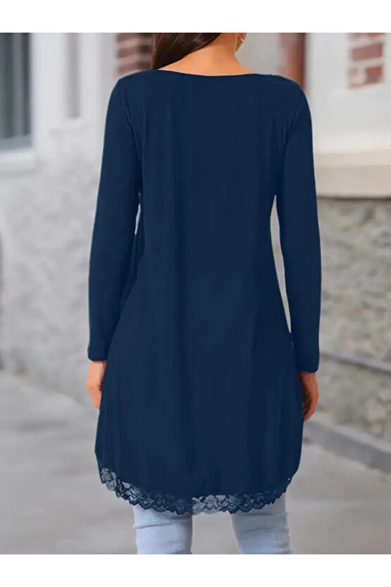 Kadın Uzun Kollu Bisiklet Yaka Asimetrik Kesim Detaylı Dantelli Viskon Bluz