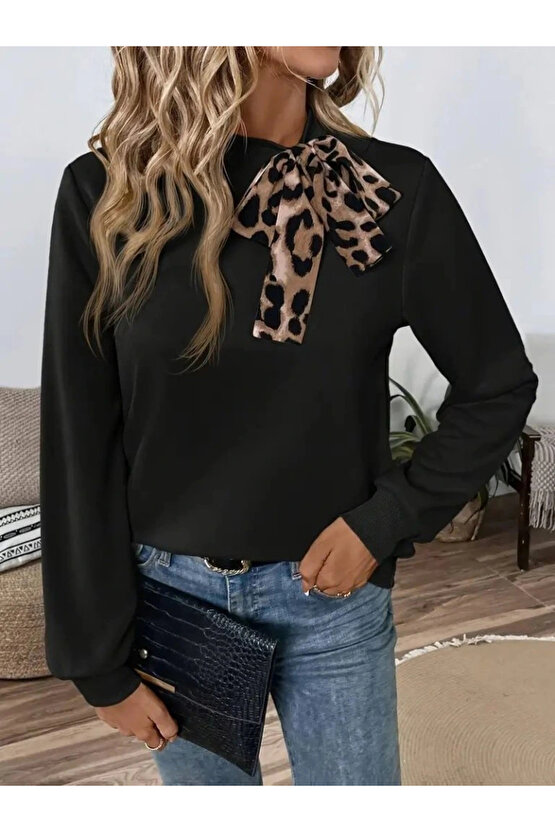 Kadın Uzun Kollu Yakadan Bağlamalı Viskon Iki Iplik Bluz