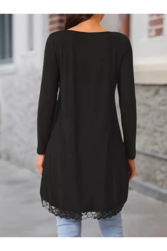 Kadın Uzun Kollu Bisiklet Yaka Asimetrik Kesim Detaylı Dantelli Viskon Bluz