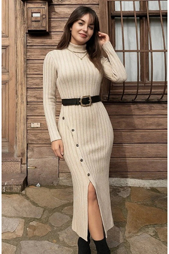 Kadın Uzun Kollu Balıkçı Yaka Yırtmaçlı Düğmeli şardonlu Kaşkorse Elbise