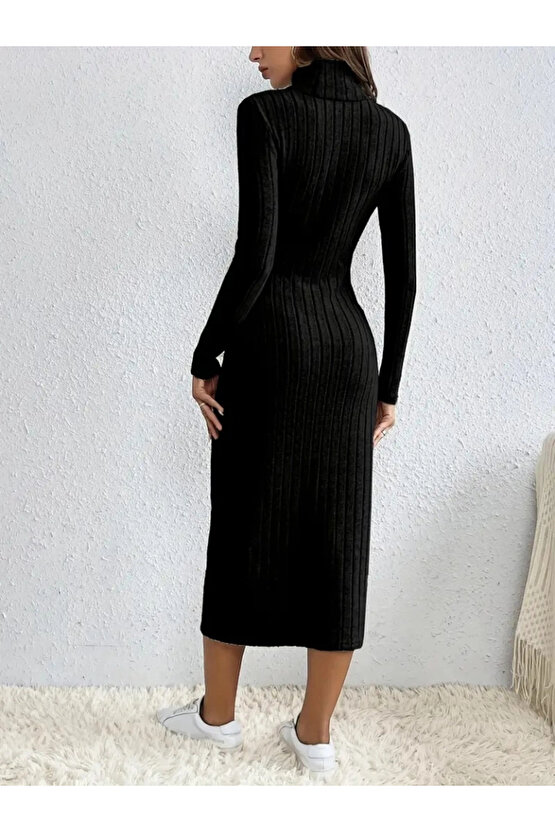 Kadın Uzun Kollu Balıkçı Yaka Yırtmaçlı Düğmeli şardonlu Kaşkorse Elbise