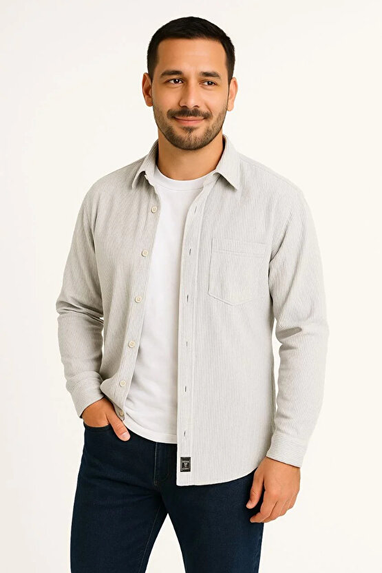 Erkek Fitilli Kadife Cepli Gömlek Oversize Rahat Kalıp - Gri