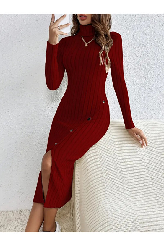 Kadın Uzun Kollu Balıkçı Yaka Yırtmaçlı Düğmeli şardonlu Kaşkorse Elbise