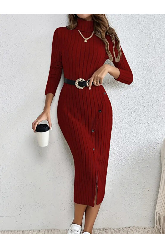 Kadın Uzun Kollu Balıkçı Yaka Yırtmaçlı Düğmeli şardonlu Kaşkorse Elbise