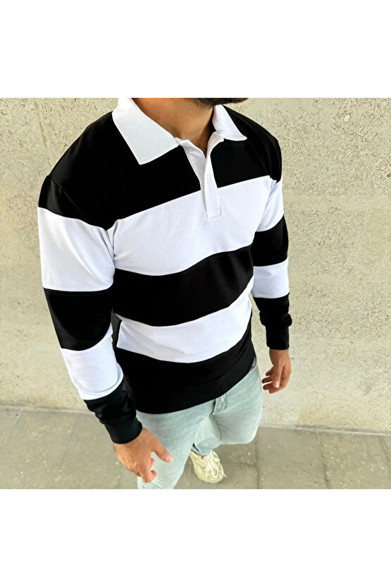 Erkek Polo Yaka Uzun Kollu Çizgili Sweatshirt Trend Rugby Stil - Siyah