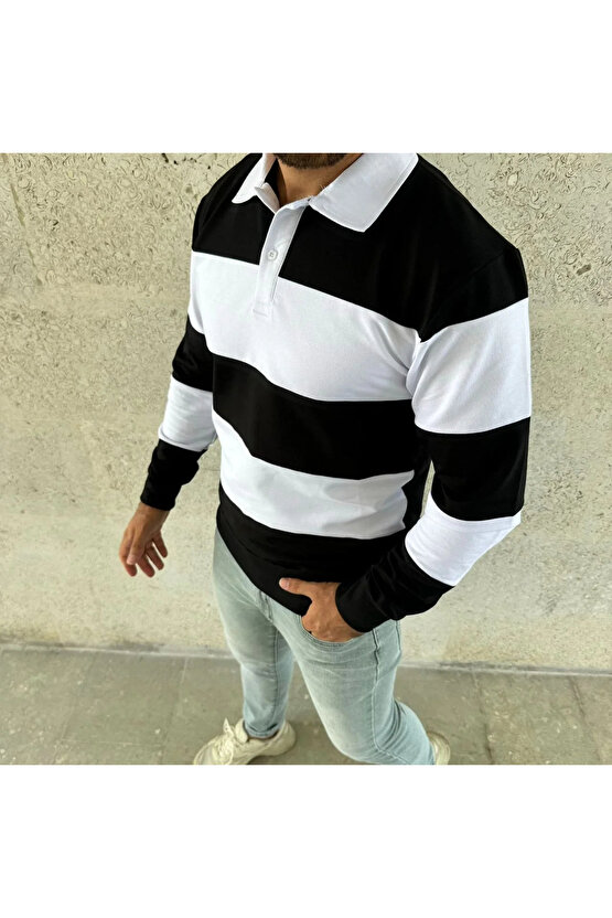 Erkek Polo Yaka Uzun Kollu Çizgili Sweatshirt Trend Rugby Stil - Siyah