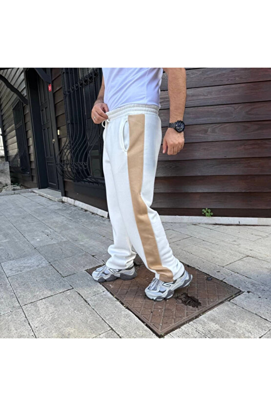 Erkek Üç İplik Kışlık Pamuklu Yandan Garneli Kalın Bej Şeritli Cepli Eşofman Altı - Beyaz