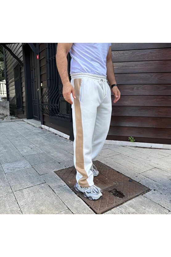 Erkek Üç İplik Kışlık Pamuklu Yandan Garneli Kalın Bej Şeritli Cepli Eşofman Altı - Beyaz