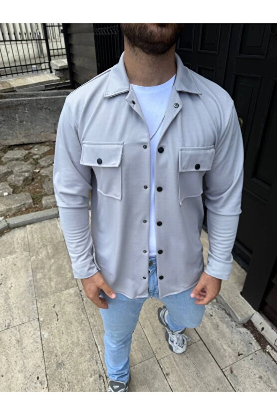 Erkek Diagonal Kumaş Cepli Çıtçıtlı Uzun Kollu, Gömlek Oversize Rahat Kalıp Günlük Şık Stil - Gri