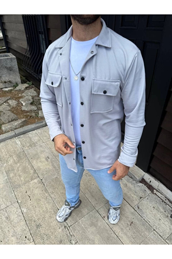 Erkek Diagonal Kumaş Cepli Çıtçıtlı Uzun Kollu, Gömlek Oversize Rahat Kalıp Günlük Şık Stil - Gri