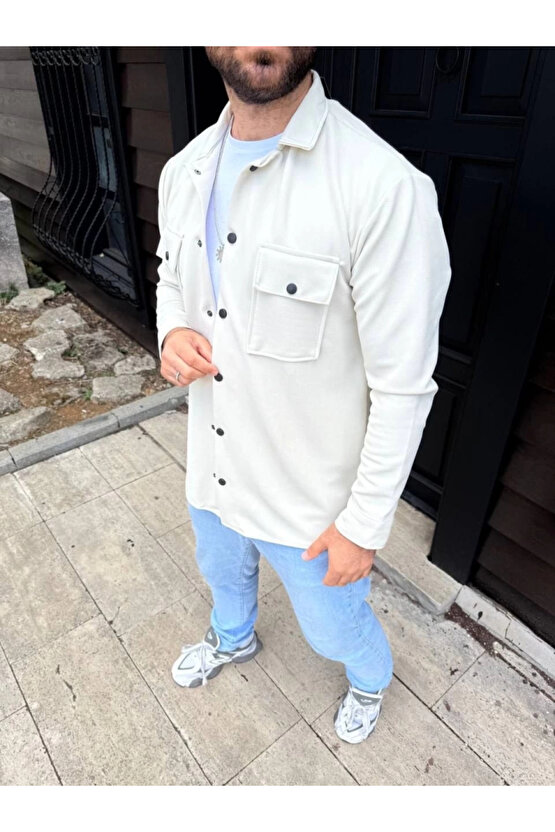 Erkek Diagonal Kumaş Cepli Çıtçıtlı Uzun Kollu, Gömlek Oversize Rahat Kalıp Günlük Şık Stil - Beyaz