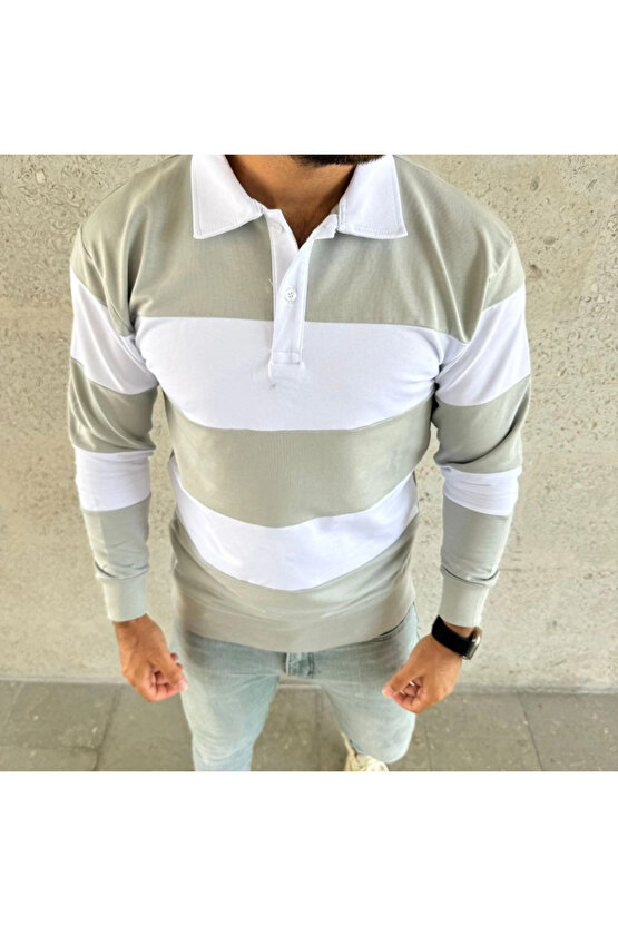 Erkek Polo Yaka Uzun Kollu Çizgili Sweatshirt Trend Rugby Stil - Mint Yeşili