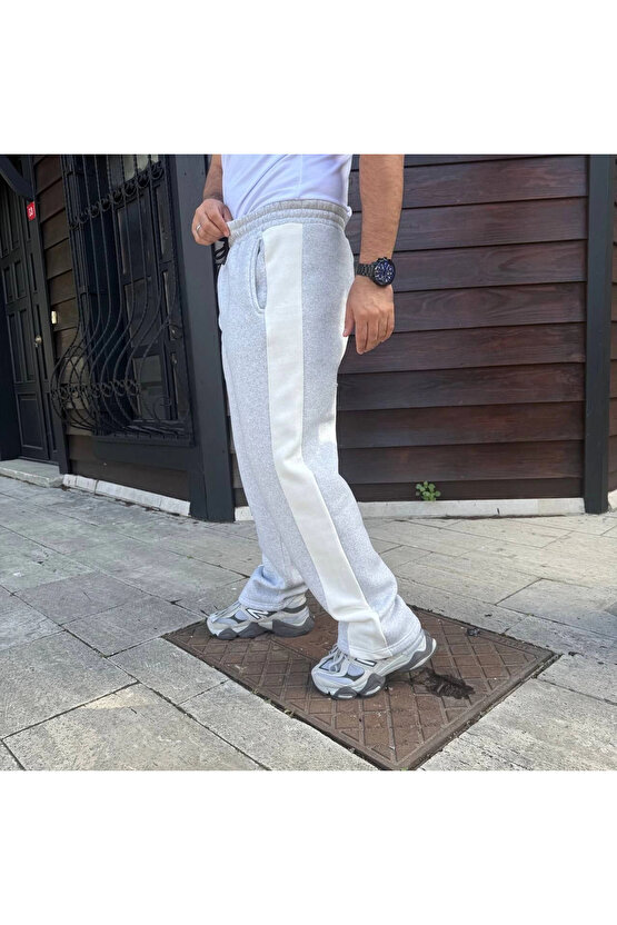 Erkek Üç İplik Kışlık Pamuklu Yandan Garneli Kalın Bej Şeritli Cepli Eşofman Altı - Gri