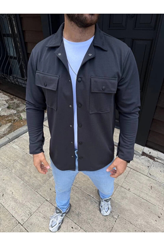 Erkek Diagonal Kumaş Cepli Çıtçıtlı Uzun Kollu, Gömlek Oversize Rahat Kalıp Günlük Şık Stil - Füme