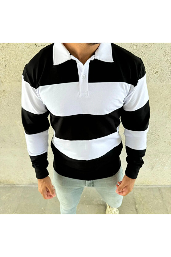 Erkek Polo Yaka Uzun Kollu Çizgili Sweatshirt Trend Rugby Stil - Siyah