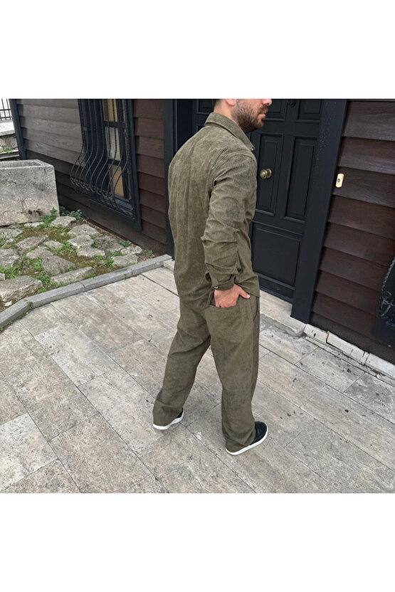 Erkek Fitilli Kadife Cepli Buggy Pantolon Oversize Rahat Kalıp - Haki