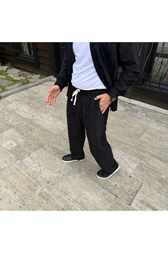 Erkek Fitilli Kadife Cepli Buggy Pantolon Oversize Rahat Kalıp - Siyah