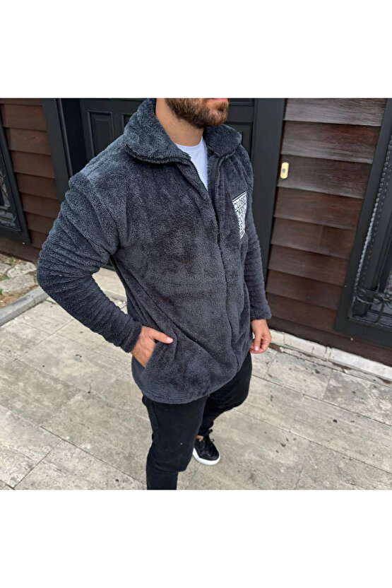Erkek Polar Fermuarlı Sweatshirt – Kapüşonsuz, Cepli, Yumuşak Dokulu, Oversize Rahat Kalıp, Kışlık S