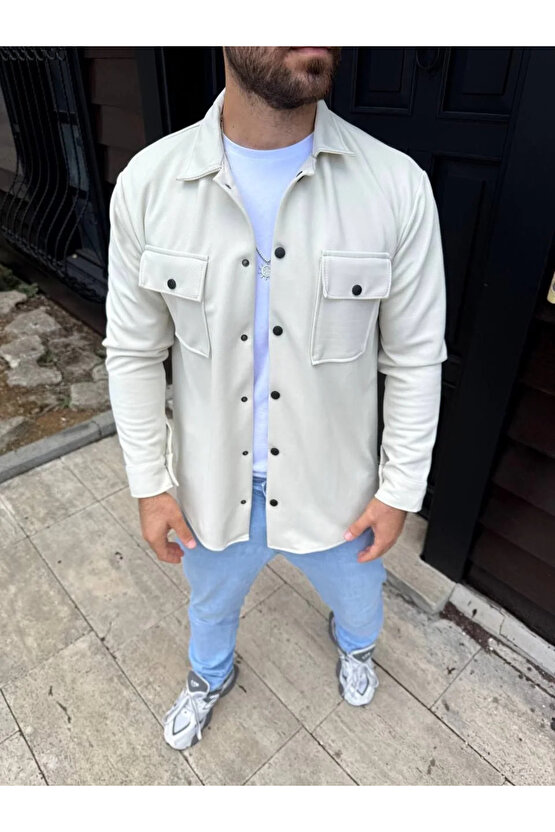 Erkek Diagonal Kumaş Cepli Çıtçıtlı uzun Kollu, Gömlek Oversize Rahat Kalıp Günlük Şık Stil - Beyaz