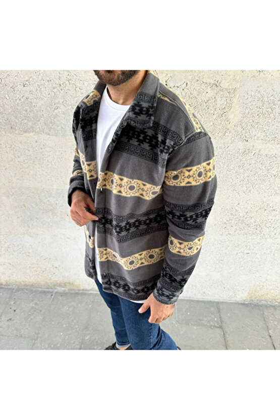Erkek Desenli Polar Gömlek – Etnik Şerit Desen Yakalı, Uzun Kollu, Düğmeli, Oversize Rahat Kalıp - F