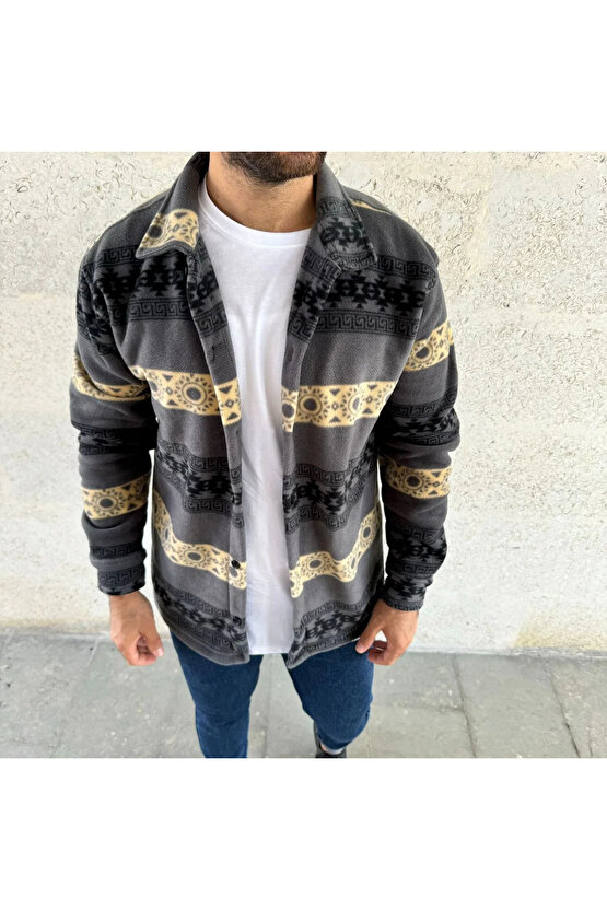 Erkek Desenli Polar Gömlek – Etnik Şerit Desen Yakalı, Uzun Kollu, Düğmeli, Oversize Rahat Kalıp - F