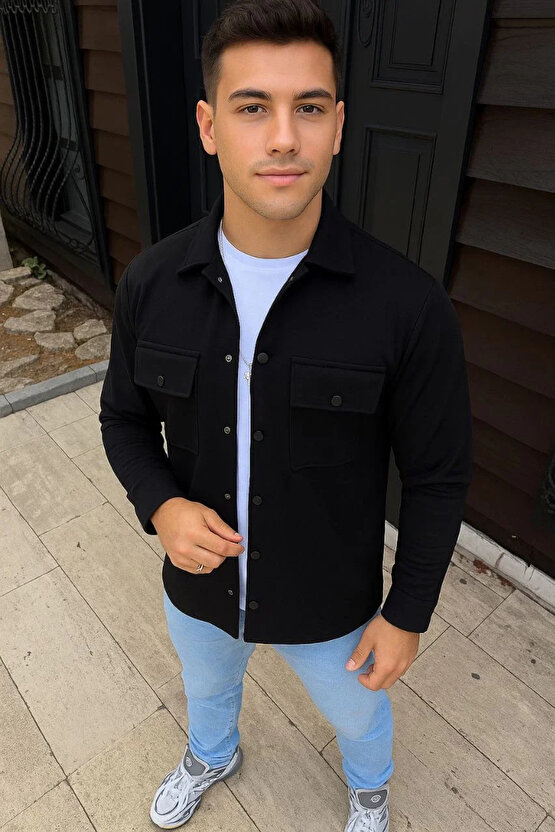 Erkek Diagonal Kumaş Cepli Çıtçıtlı uzun Kollu, Gömlek Oversize Rahat Kalıp Günlük Şık Stil - Siyah