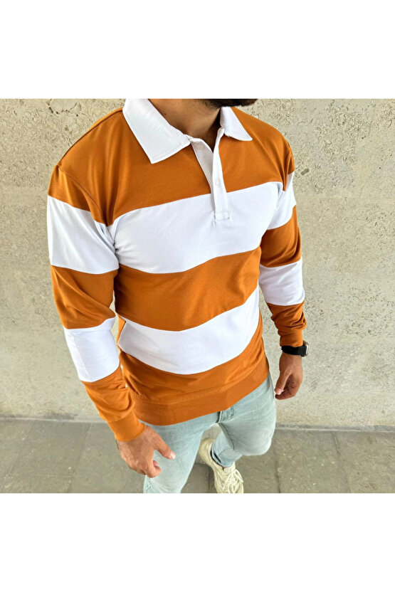 EQURİ Erkek Polo Yaka Uzun Kollu Çizgili Sweatshirt Trend Rugby Stil - Turuncu
