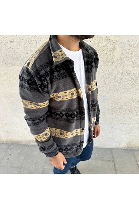 Erkek Desenli Polar Gömlek – Etnik Şerit Desen Yakalı, Uzun Kollu, Düğmeli, Oversize Rahat Kalıp - F