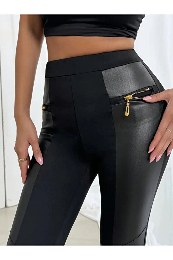 Kadın Yüksek Bel Yan şerit Deri Detay Fermuarlı Dalgıç Tayt