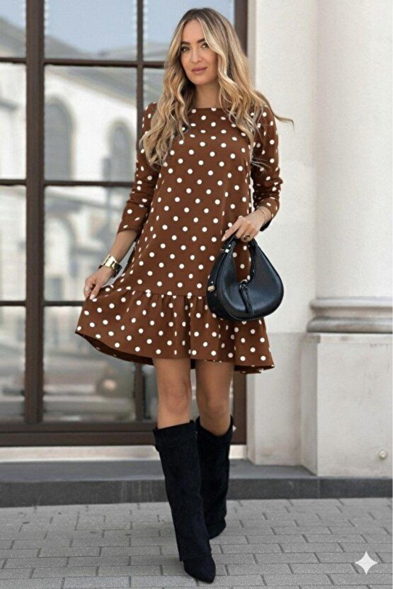 Kadın Uzun Kollu Bisiklet Yaka Fırfırlı Puantiyeli Kısa Modal Elbise