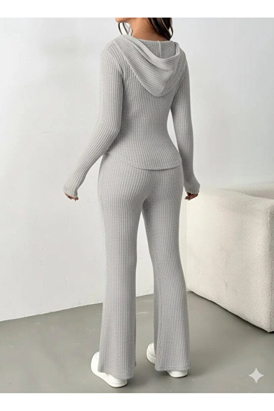 Kadın Uzun Kollu Kapşonlu önden Fermuarlı Kaşkorse Bluz Ve Pantolon Ikili Takım