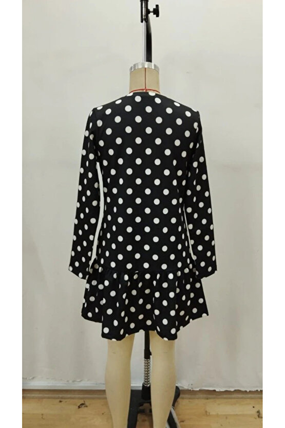 Kadın Uzun Kollu Bisiklet Yaka Fırfırlı Puantiyeli Kısa Modal Elbise