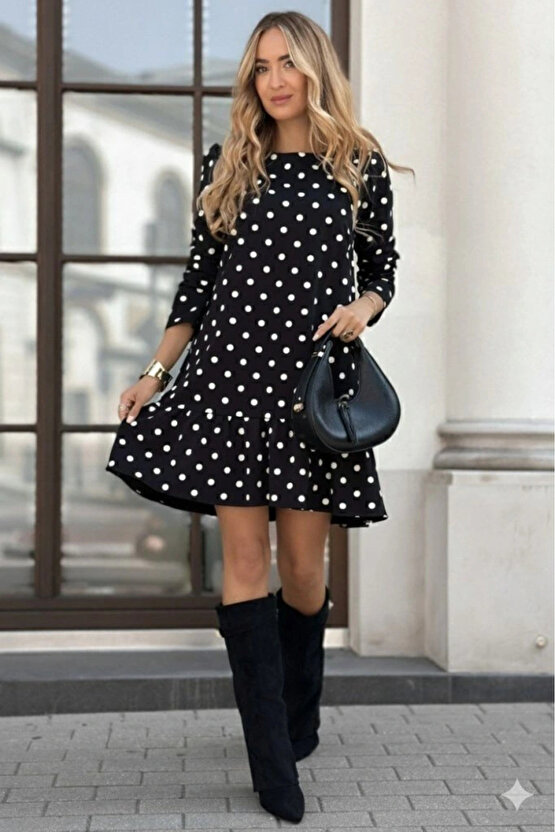 Kadın Uzun Kollu Bisiklet Yaka Fırfırlı Puantiyeli Kısa Modal Elbise