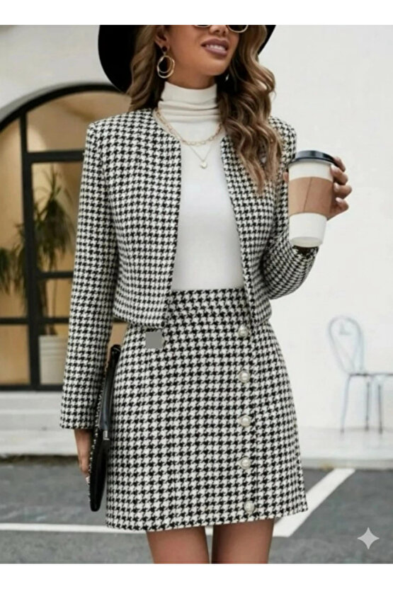 Kadın Uzun Kollu önü Açık Dokuma Ceket Ve Mini Etek Ikili Takım