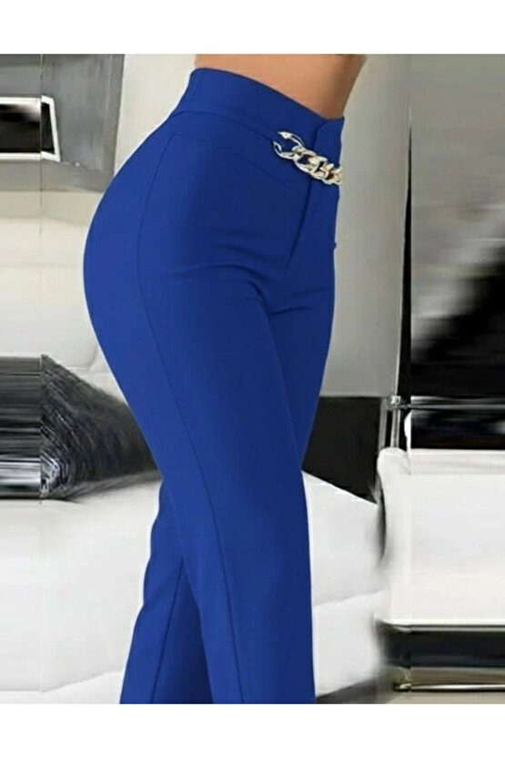 Kadın Yüksek Bel önden Zincir Detaylı Ithal Krep Pantolon