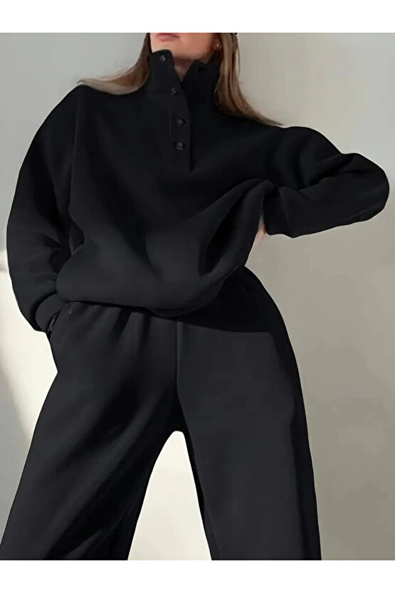 Kadın Uzun Kollu Balıkçı Dik Yakalı Düğmeli üç Iplik Bluz Ve Pantolon Ikili Takım