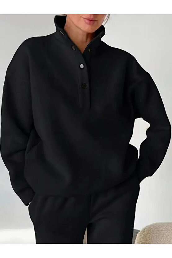 Kadın Uzun Kollu Balıkçı Dik Yakalı Düğmeli üç Iplik Bluz Ve Pantolon Ikili Takım